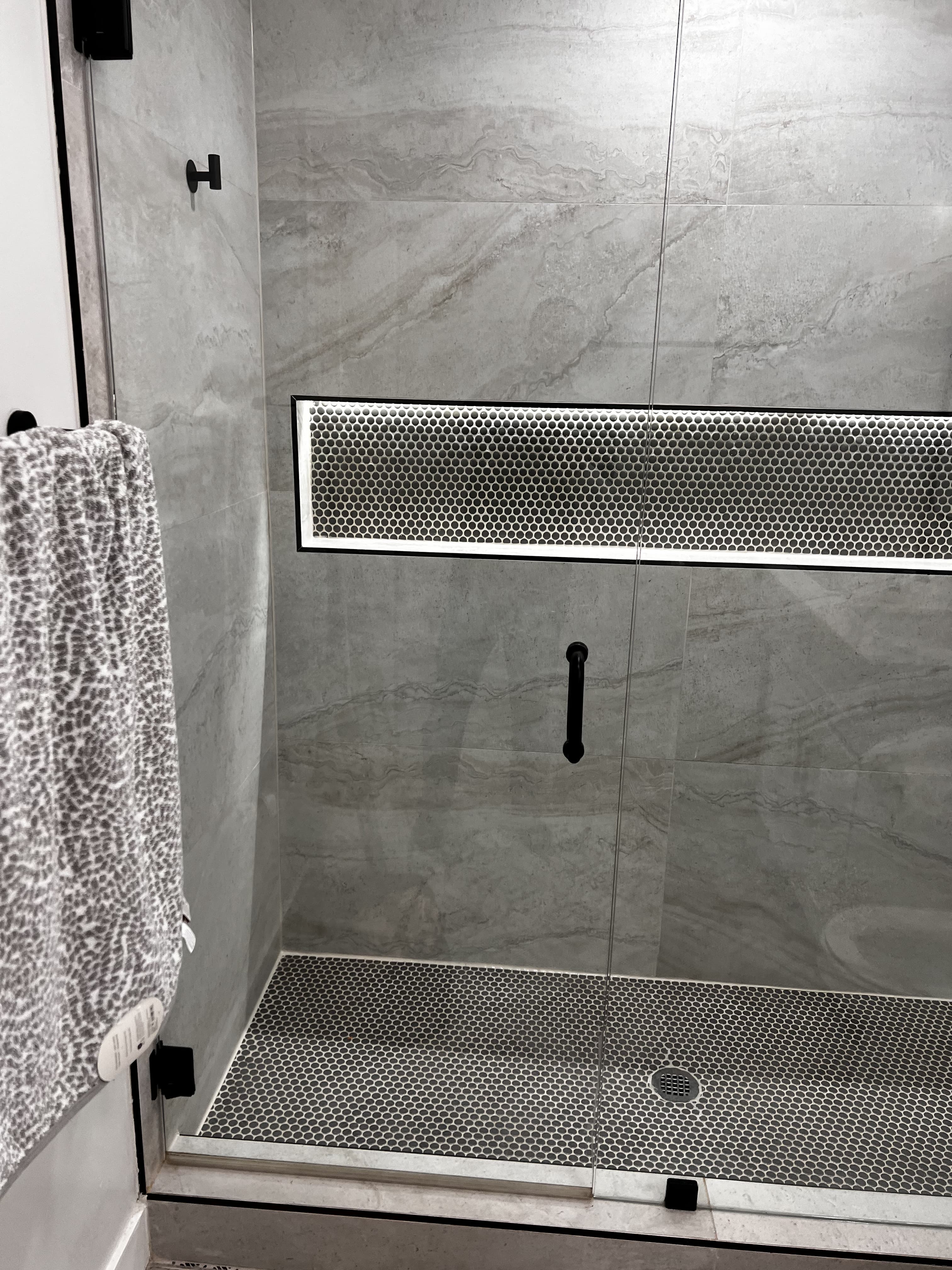 Walk-in shower with LED-lit recessed niche